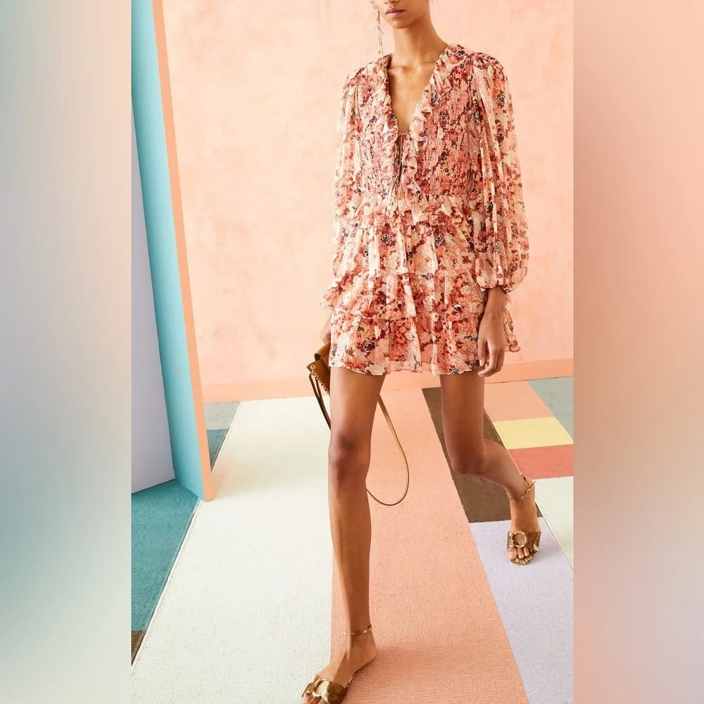 Ulla‎ Johnson Tamara Dress Silk Mini Metallic Floral Print Coral Size 2 Tiered
